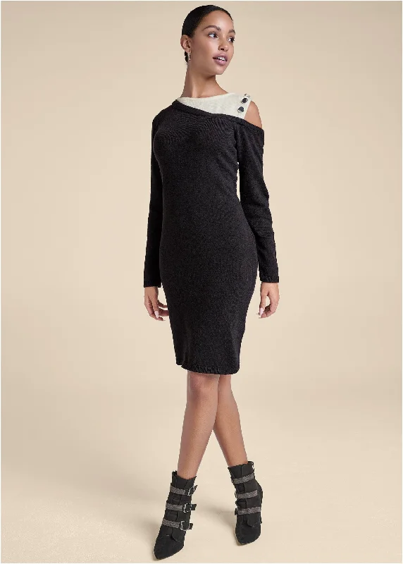 Open Shoulder Sweater Dress - Black & White