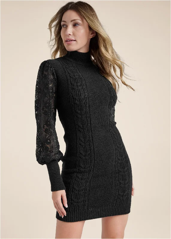 Lace Sleeve Sweater Dress - Black