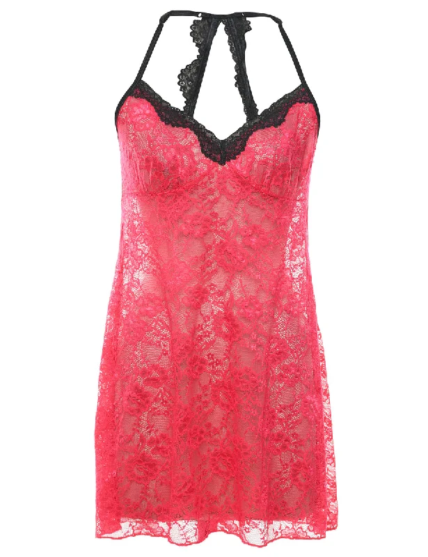 Hot Pink & Black Halterneck Lace Babydoll - M