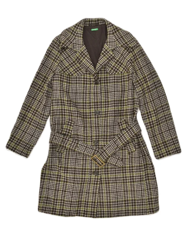 BENETTON Womens Overcoat IT 44 Medium Green Check Wool