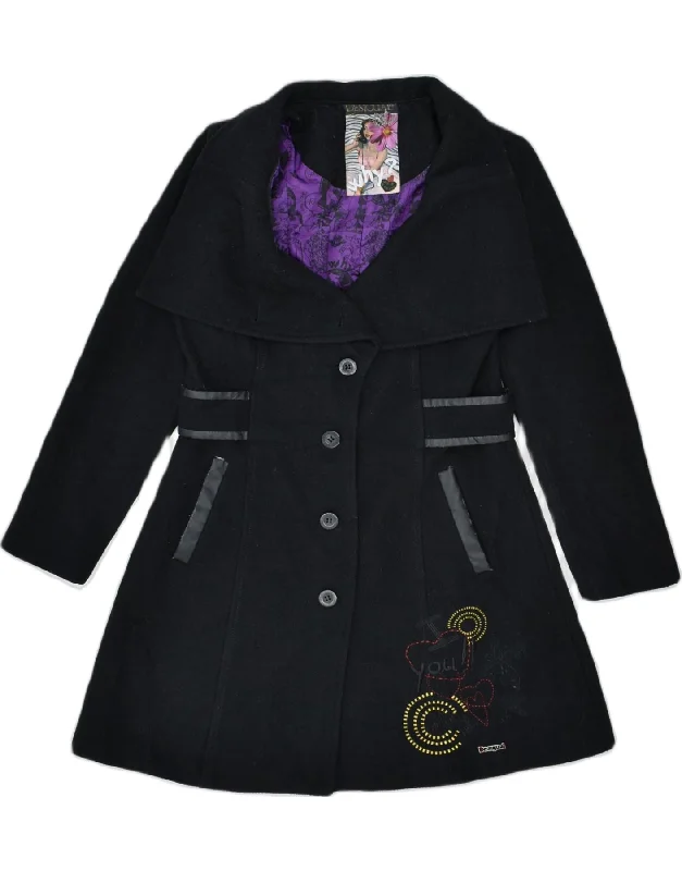 DESIGUAL Womens Belted Overcoat EU 38 Small Black Wool