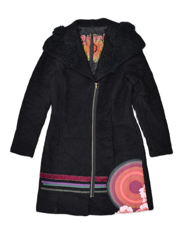 DESIGUAL Womens Overcoat EU 42 Medium Black Polyester