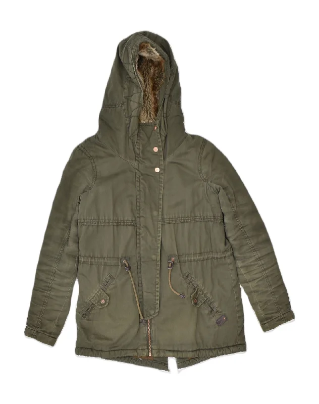 ONLY Womens Hooded Parka Jacket UK 6 XS Khaki Cotton