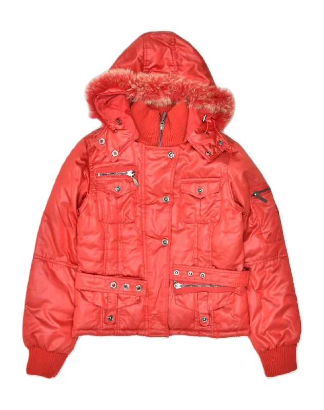 PHARD Womens Hooded Padded Jacket UK 14 Large Red Polyester