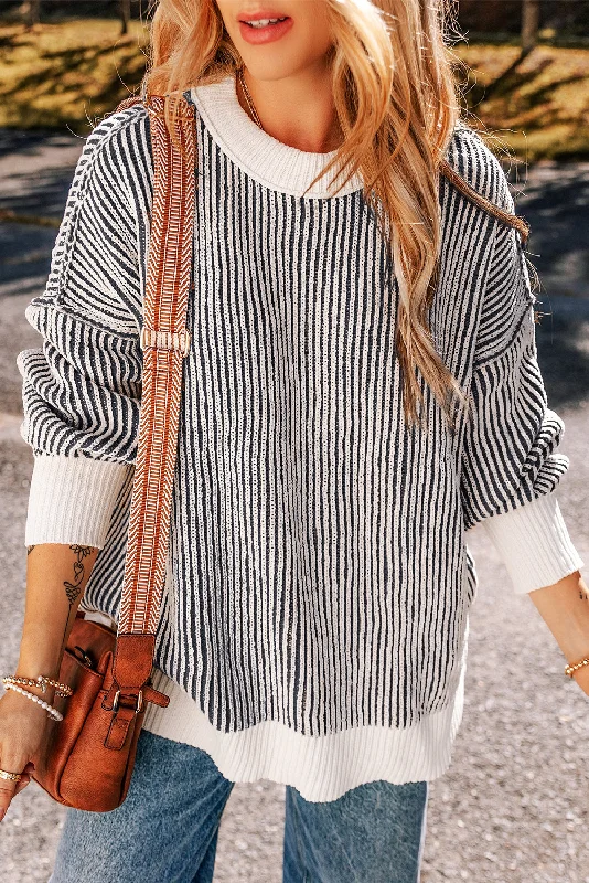 Black Striped Contrast Trim Loose Sweater