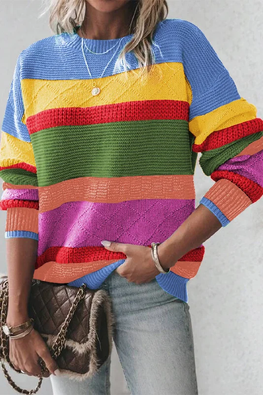 Light Blue Colorblock Drop Shoulder Crew Neck Sweater