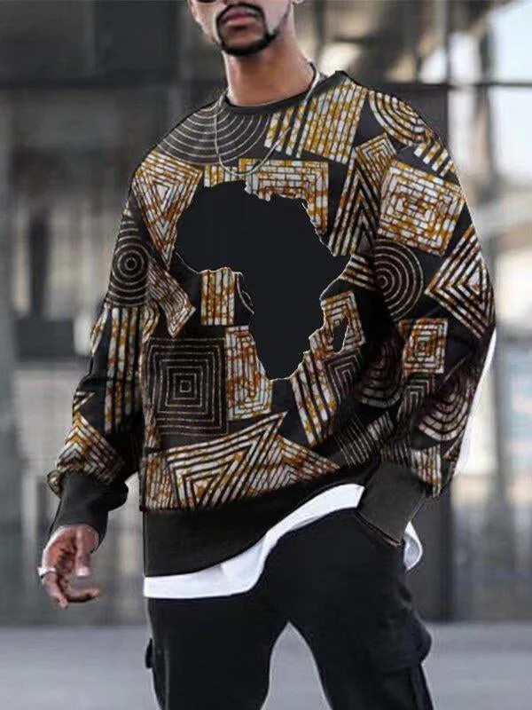 Mens Fashion Casual Printed Loose Round Neck Sweater