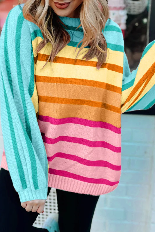 Yellow Striped Ribbed Edge Gradient Loose Sweater