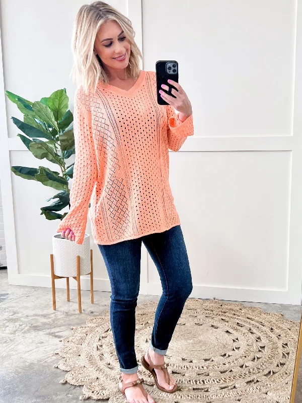 Open Knit Crochet Sweater In Peach