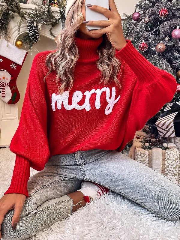 Merry Christmas Loose Bat Sleeve Turtle Neck Sweater