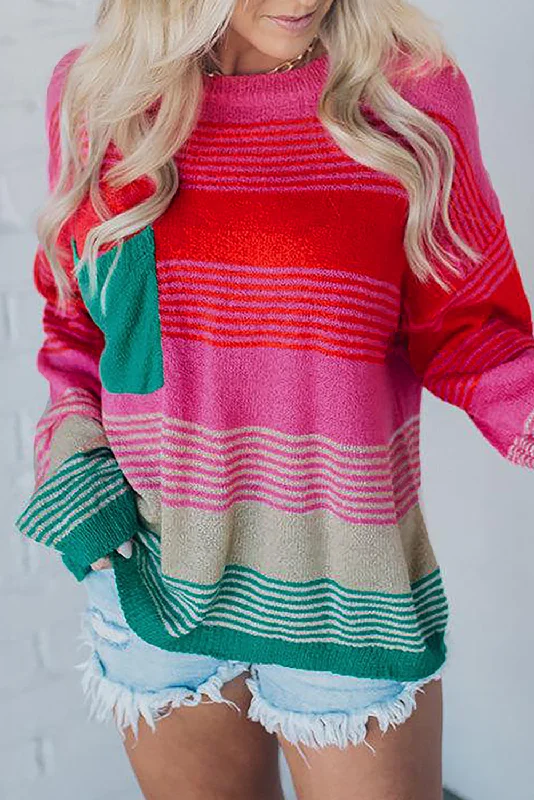 Rose Striped Patch Pocket Drop Shoulder Knit Sweater