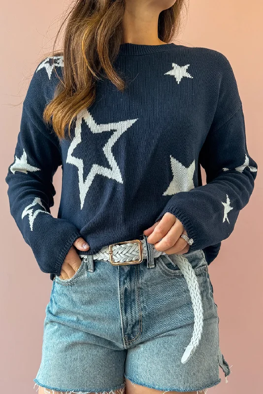 Sail Blue Star Print Drop Sleeve Cable Knit Sweater