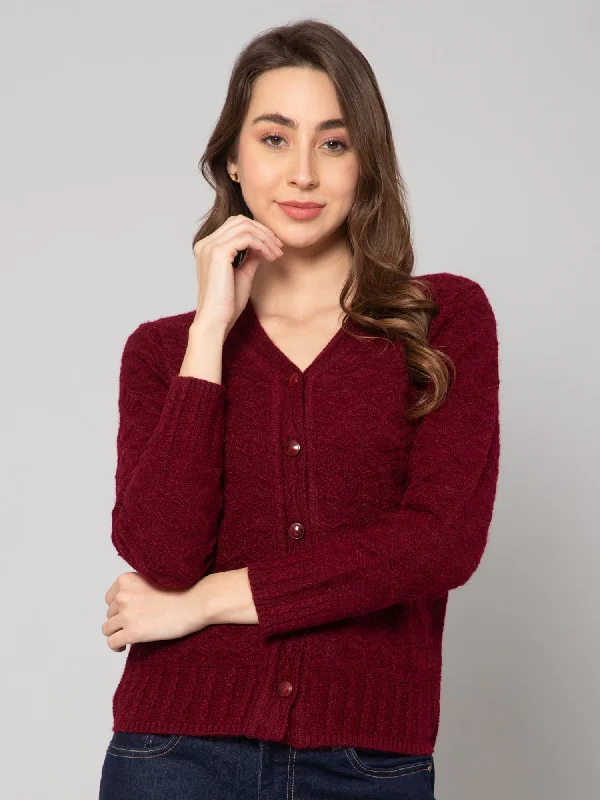 Women's Casual  Maroon V neck Cardigan Sweater