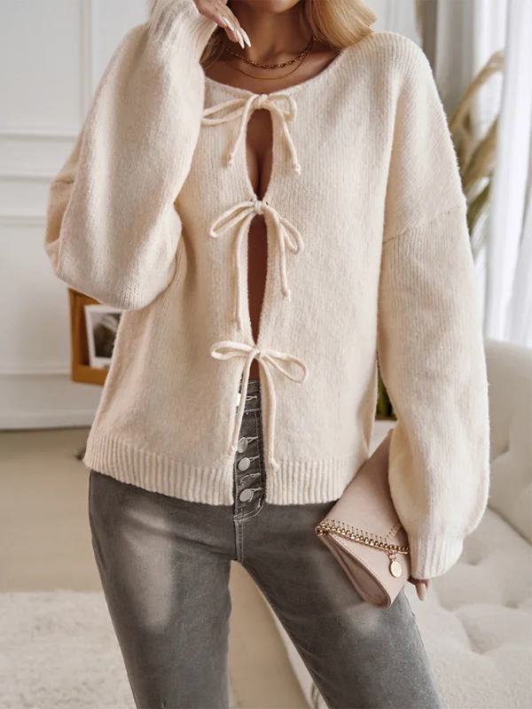 Casual loose cardigan lace-up solid color sweater