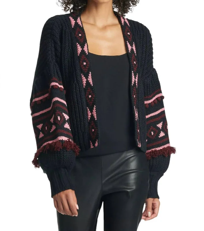 Landon Knit Cardigan In Black/burgundy/peony