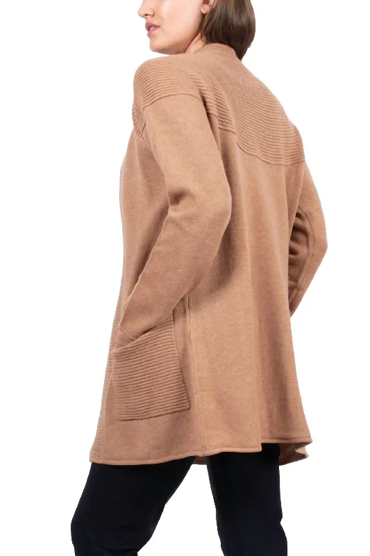 Ottoman Ribbed Cardigan In Camel