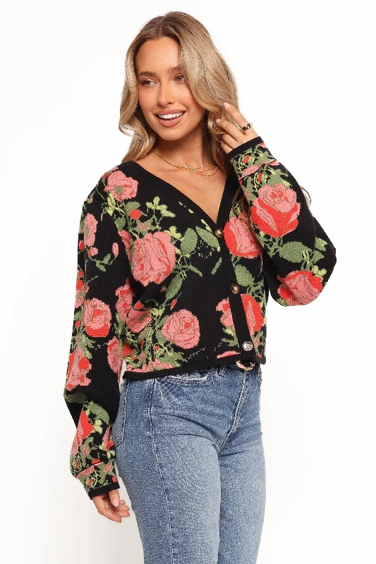 Reeva Button Front Floral Cardigan - Black Floral