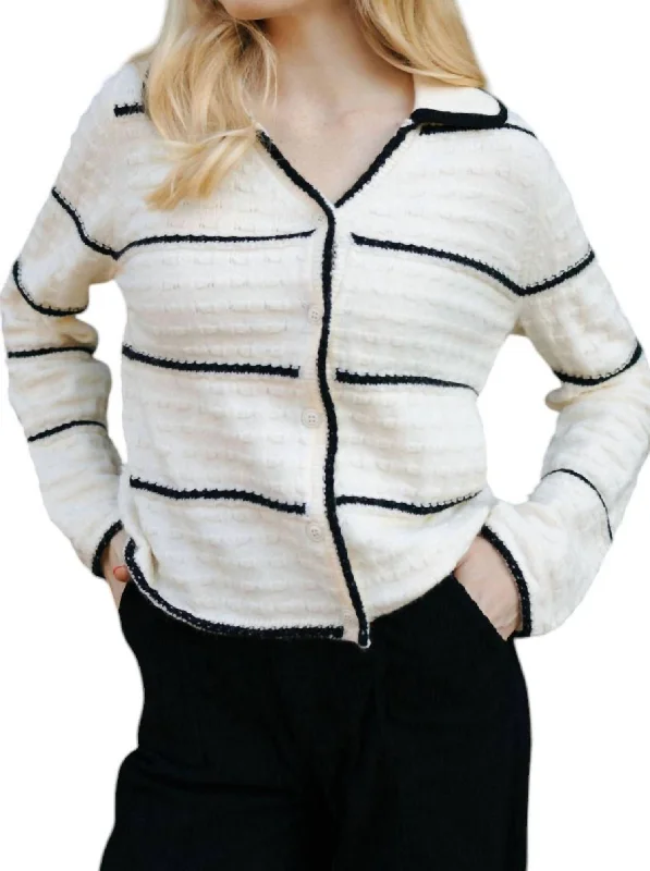 Stripe Button Up Cardigan In Ivory/black