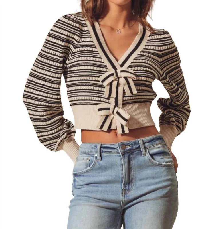 Striped Bow Cardigan In Black