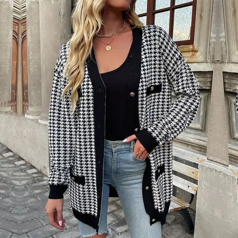 Women’s Fashion Coat Long Sleeve Houndstooth Sweater Cardigan Mid Length