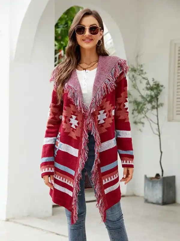 Women’s fringed geometric jacquard sweater cardigan