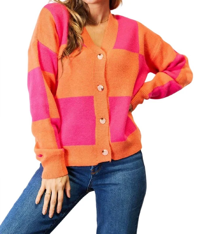 Woven Right Checkered Cardigan In Hot Pink