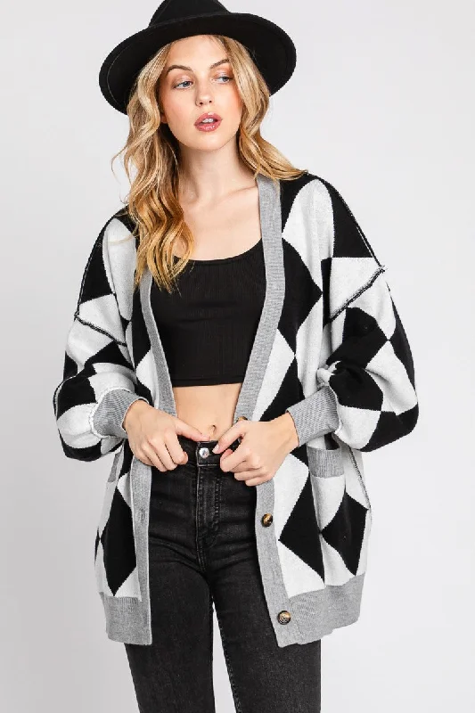 Black/White Argyle Print Cardigan Sweater