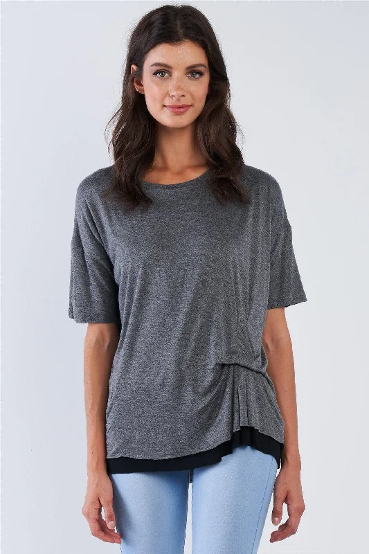 Charcoal Layered Soft Loose Fit One Sided Cinched Seam T-Shirt