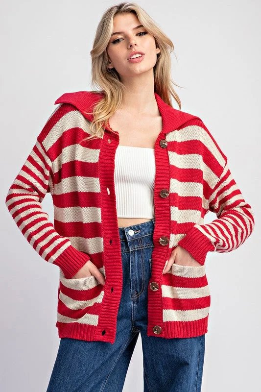 Cherry Red Striped Sailor Collar Cardigan