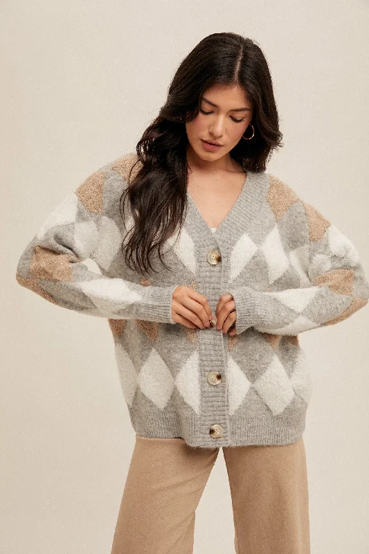 Grey Diamond Pattern Button Down Sweater Cardigan