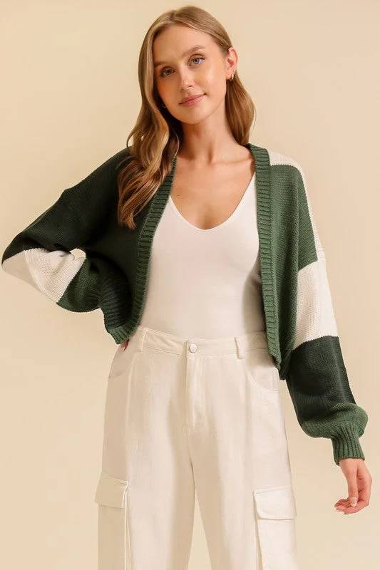 Green Combo Color Block Open Front Cardigan