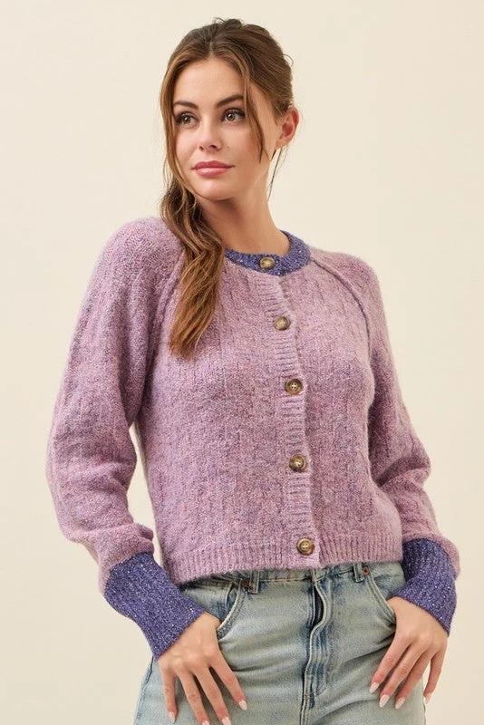 Purple Knit Raglan Sleeve Cardigan With Contrast