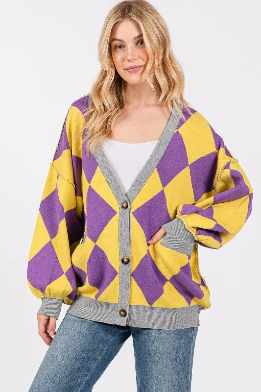 Purple/Yellow Argyle Print Cardigan Sweater