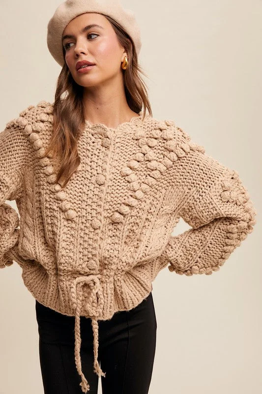 Taupe Hand Crochet Tufted Dot Cable Knit Cardigan