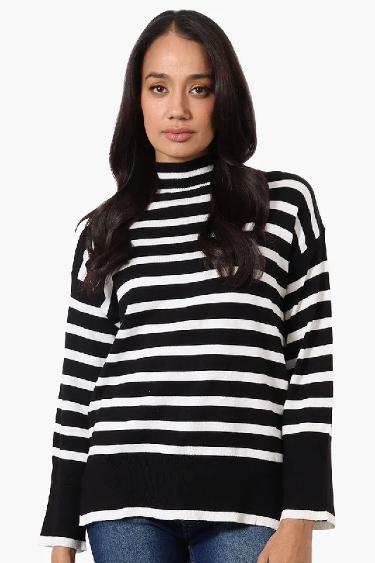 Beechers Brook Striped Mock Neck Pullover Sweater - Black