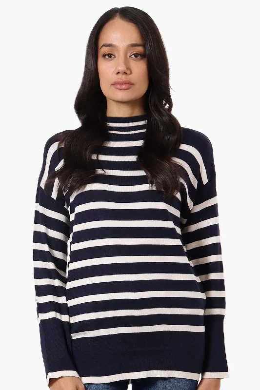 Beechers Brook Striped Mock Neck Pullover Sweater - Navy