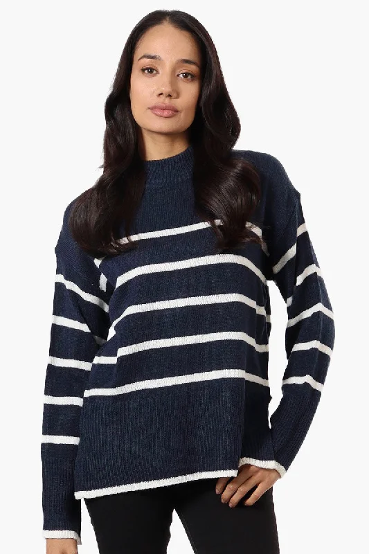 Beechers Brook Striped Side Slit Pullover Sweater - Navy