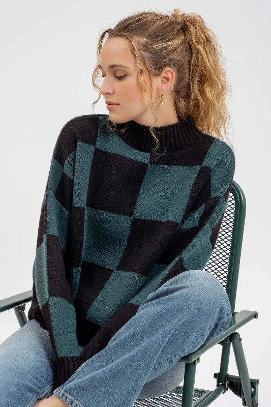 CHECKERED MOCK NECK KNIT PULLOVER SWEATER